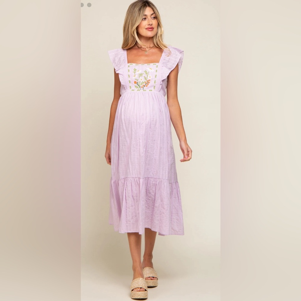 Pink Blush Lavender Floral Embroidered Tie Back Maternity Midi Dress - Small